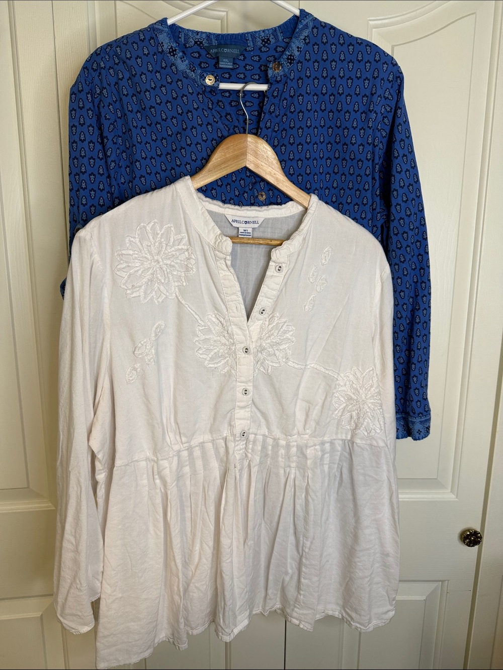 April Cornell White Embroidered Peasant Tunic with Blue Printed Tunic Bundle
